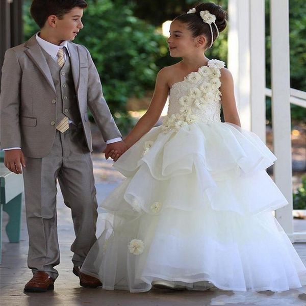 

весна лето платья для девочек-цветочниц для свадьбы одно плечо многоуровневые юбки цветы ручной работы девушки конкурсное платье тюль бусы д, White;blue