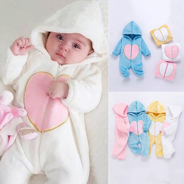 

newborn winter hooded romper baby fleece climbing suit autumn zipper heart outwear toddler infant boy girl jumpsuit baby clothes, Blue
