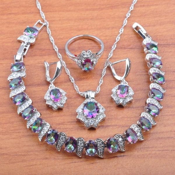 

silver color rainbow zirconia jewelry set for women wedding crystal earrings necklace pendant rings bracelet set 2020 new js0579
