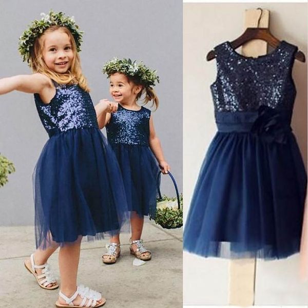 

sparkly sequined short girls pageant dresses sleeveless jewel neck tulle knee length girls party gowns custom size, White;blue