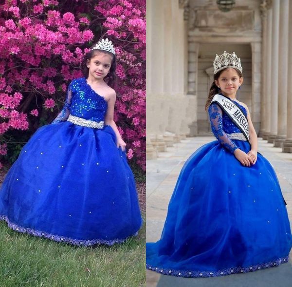 

One Shoulder Beads Little Girl Pageant Dresses Royal Blue Long Sleeve Ball Gown Kids Gowns Formal Wear Lace Wedding Flower Girls Dress