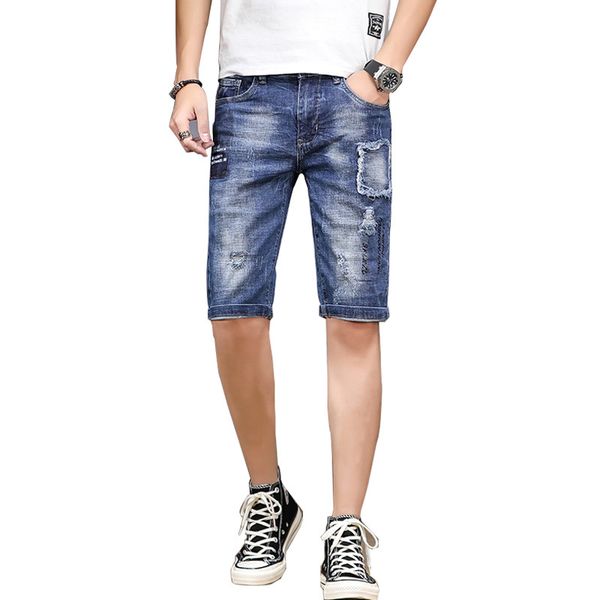 

moruancle mens hi street ripped denim shorts with patches distressed short jeans for man stretchy summer shorts washed blue