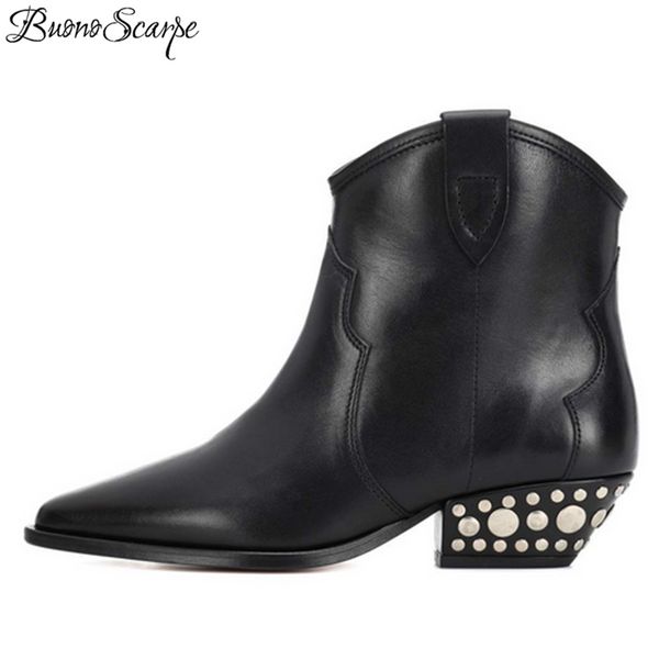 

buonoscarpe chunky heel ankle boots women pointed toe slip on fashion rivets studds short boots black real leather knight
