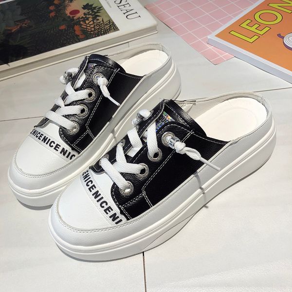 

baotou half slippers women's thick bottom muffin sandals summer new style women youth cool slippers small white shoes lazy shoes, Black