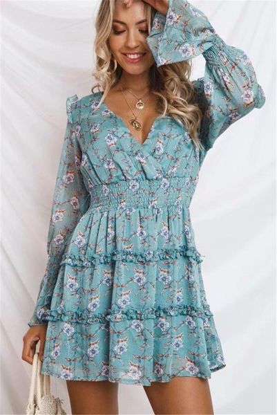 

2019 женские летние сексуальные глубокие платья с длинным рукавом с принтом богемные спинки элегантные оборки летние пляжные платья n19.7-21, White;black