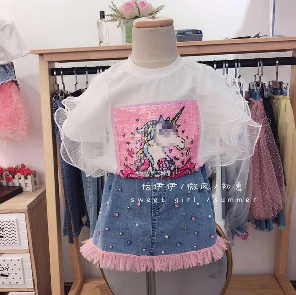 

2020 girls patchwork t-shirt cotton fashion summer girls 3-8t f77, Blue