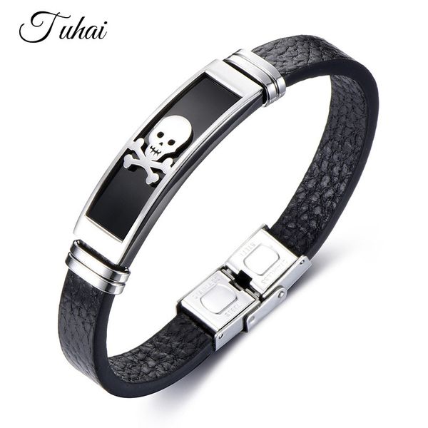

punk style black leather rope bracelet men stainless steel skull bracelets & bangles wrap male jewelry, Golden;silver
