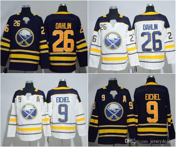 

9 Jack Eichel Jersey Mens Buffalo Sabres 26 Rasmus Dahlin Hockey Jerseys White Blue High Quality Free Shipping