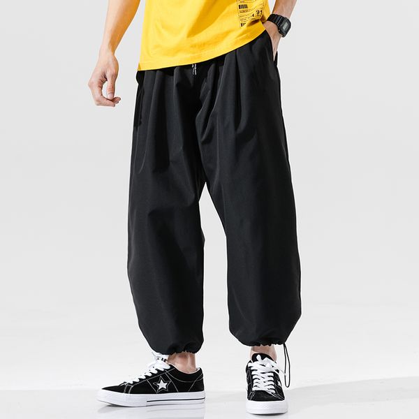 

spring large size men's japanese-style loose-fit trend pumping rope beam foot capri casual pants harajuku-style casual trousers, Black