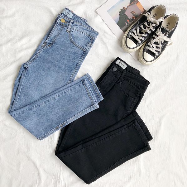 

autumn women pencil jeans high waist bodycon splited black blue denim jeans