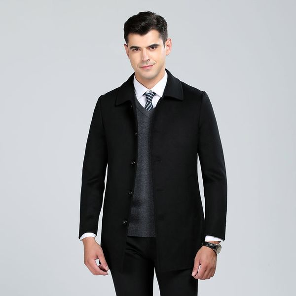 

hand made double face wool coats men single breasted stand collar woolen casual overcoat 2019 new autumn winter, Black