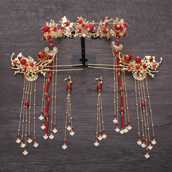 

chinese new fashion phoenix beads hairpins earrings crown coronet sets brides hair decoration bijoux wedding hair accessories, Golden;white