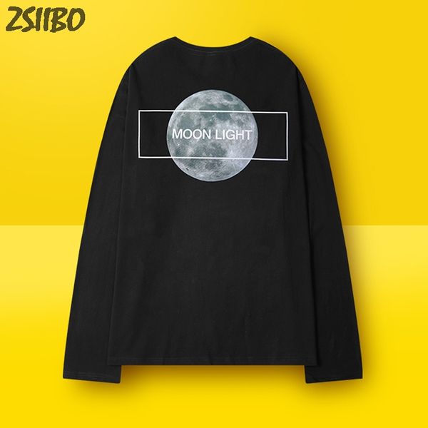 

men's tshirt cotton t-shirts oversize moon print funny harajuku cool long sleeve t shirt loose casual hip hop streetwear, White;black