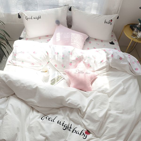 White Good Night Duvet Cover Set 100 Cotton Cute Strawberry Bed