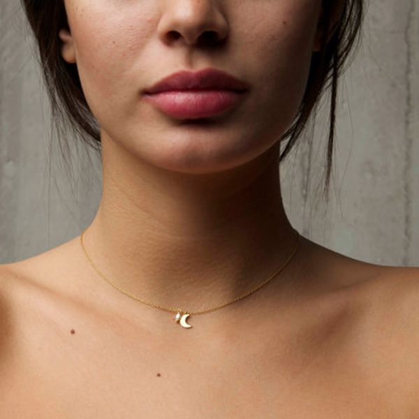 

simple fashion jewelry accessories moon shape with pearl chain choker necklace for couple lovers, Silver
