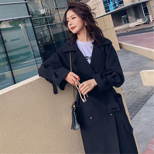 

women's trench coats spring autumn korean women large lapel long with belt ropa mujer 2021 moda feminina big size casual black windbrea, Tan;black