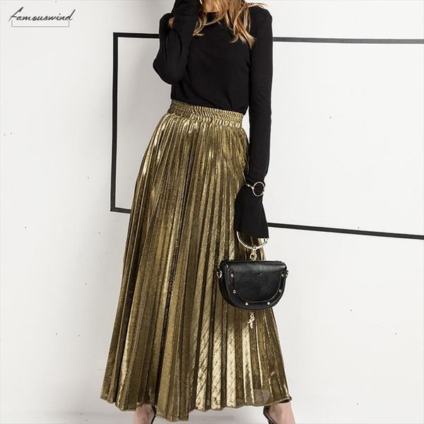 

women silver gold skirt lady midi elastic high waist metallic pleated skirt for party ladies saia fenimias send soon, Black