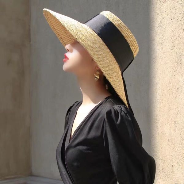

flat children's natural sun hat straw straw wide ribbon holiday beach sunshade hat, Blue;gray