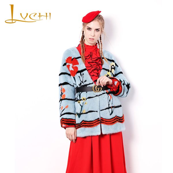 

lvchi зима 2019 натуральная меховая норковая шуба девять четвертей печати натуральный мех причинно-следственная полосатая шуба женская v-обр, Black