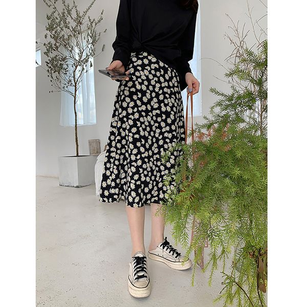 

net red daisy chiffon floral skirt female 2020 summer new style small a word high waist mid length skirt