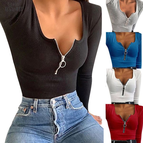 

tshirt women fashion v neck zipper pure color long sleeve easy t shirt poleras camiseta mujer women harajuku t shirt, White
