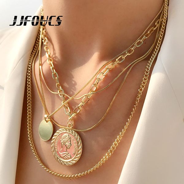 

jjfoucs new punk metal coin choker necklace for women chain round multilayer pendant long necklaces accessories christmas gifts, Silver