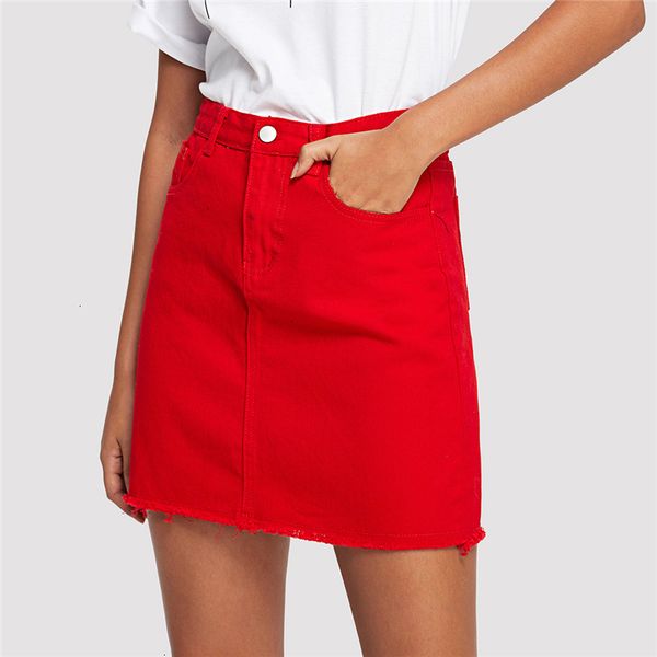 

mini skirt women skirts hem frayed pockets denim skirt spring red ripped mid waist casual summer a line basic women skirt, Black