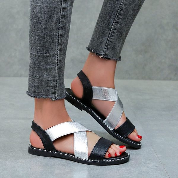 

women's shoes classic elastic band ladies flat sandals women glitter pu leather woman sewing rome open toe female summer 2020, Black