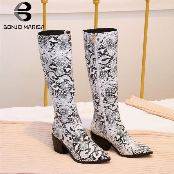 

bonjomarisa new fashion big size 34-44 snake veins ladies high heels pointed toe shoes woman casual party autumn mid calf boots, Black