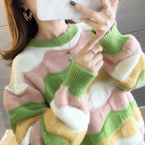 

fashion patchwork o-neck autumn winter sweater 2019 women long sleeve warm knitted sweaters pullover female jumper, White;black