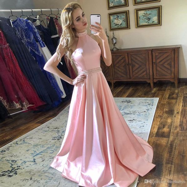 

new arrival long prom dresses pink beaded halter neck sleeveless satin formal evening dress party gown backless, Red