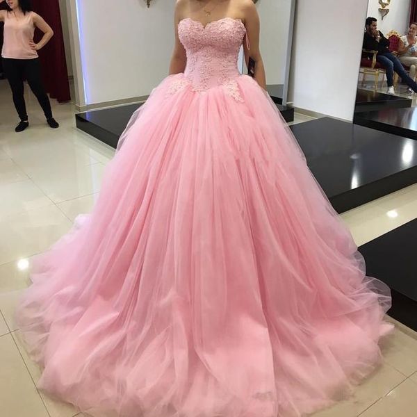 Принцесса Розовое Бальное Платье Quinceanera Платья Сладкий 16 Партии Пачка Юбка Милая Оборками Длина Пола Тюль Плюс Размер Театрализованное Выпускное Платье