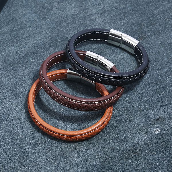 

braided black brown leather bracelet men fashion stainless steel magnetic buckle male wrist band charm bracelets bangles gifts, White