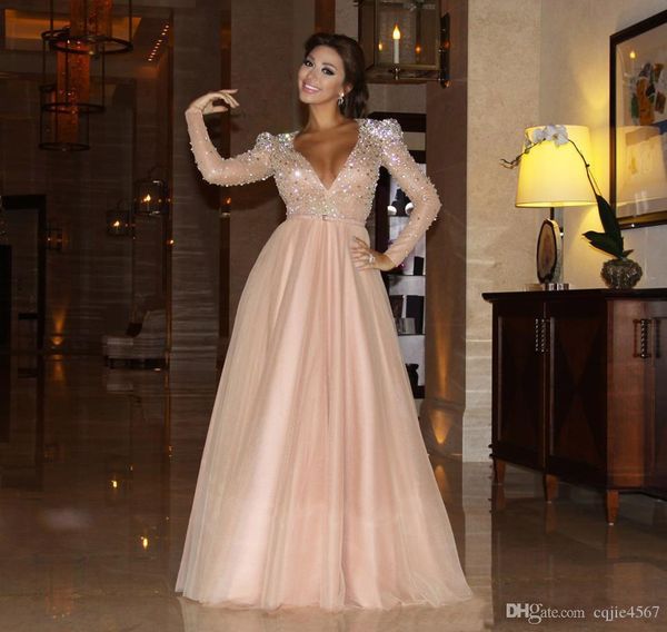 

2019 new evening dresses myriam fares long sleeve celebrity dresses a line deep v neck with beaded padded shoulder and tulle skirt, Black;red