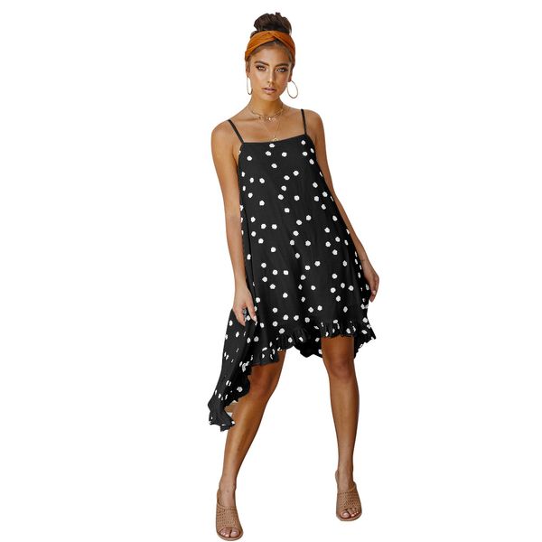 

2019new women's chiffon dresses elegant polka dot loose asymmetrical dress lady's summer's beach dress s  l xl black white y, Black;gray