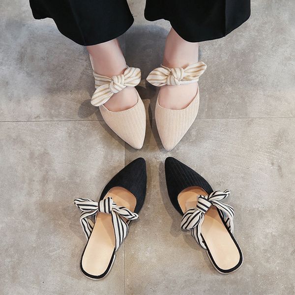 

mules for women 2020 slippers casual flock butterfly-knot female shoes low loafers pointed toe slides luxury new flat summer, Black