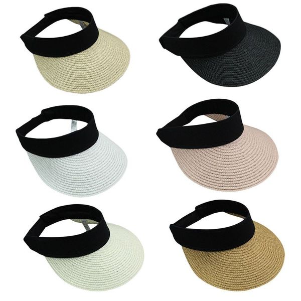 

women girls summer straw weave sun visor hat empty contrast color wide brim uv protection adjusted portable peaked beach cap, Blue;gray