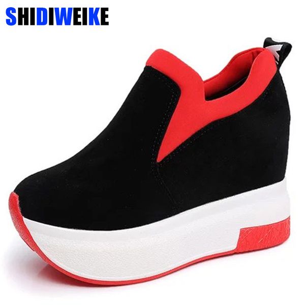

2019 spring women flat platforms faux suede loafers round toe inside heighten slip-on sneakers casual shoes woman n816, Black