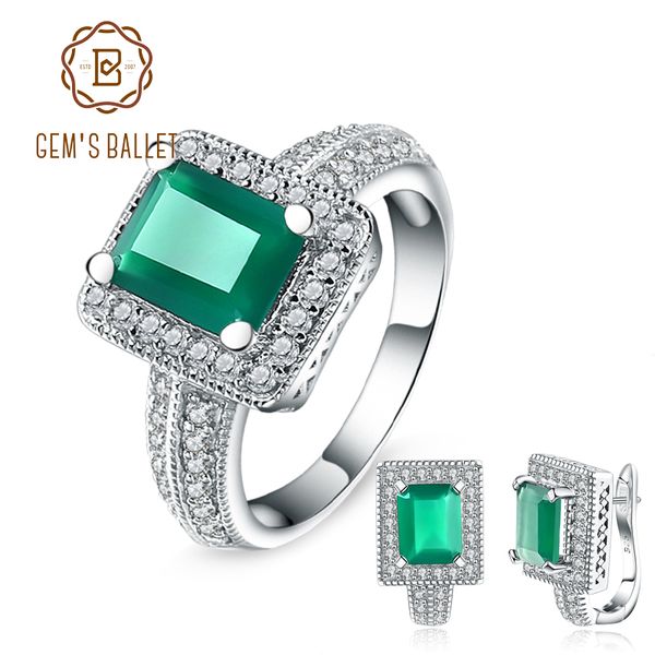 

gem's ballet new 6.15ct emerald cut natural green agate gemstone jewelry set 925 sterling silver earrings ring set sieraden sets, Black