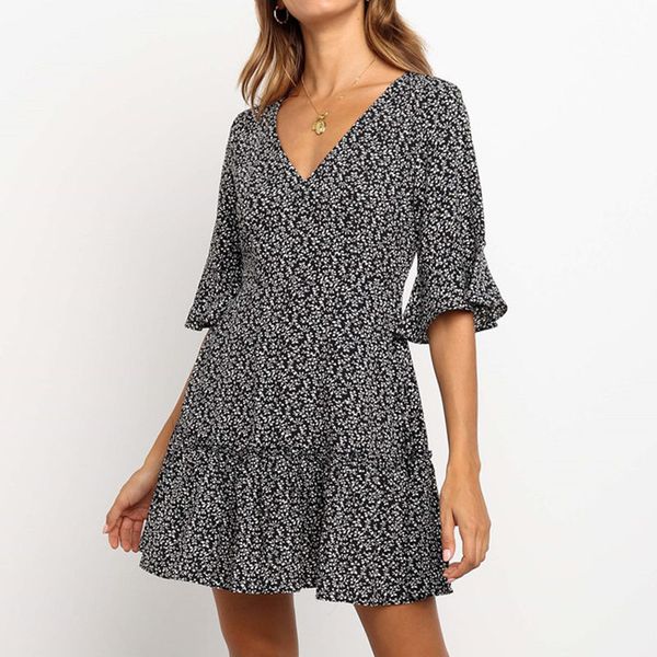 

women summer dress floral print chiffon beach dress 2019 boho style v-neck sundress tunic vintage party vestidos, Black;gray