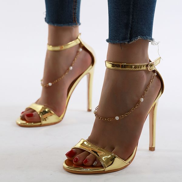 

woman metal chain buckle sandals summer 12cm heels slides peep toe shoes high heel shoes luxury zapatos mujer gold silver, Black
