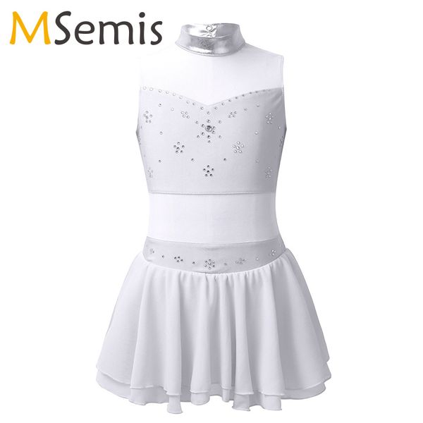 

sparkly rhinestone ballet leotard dress figure skating dress girls sleeveless metallic mock neck tulle splice cutout dance, Black;red