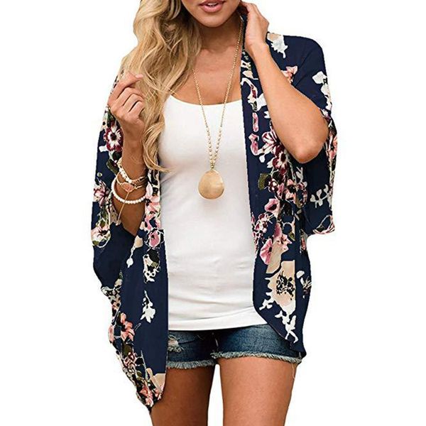 

women summer front open floral beach  sunshade casual, chiffon cover-up loose fashion print top, Blue;gray