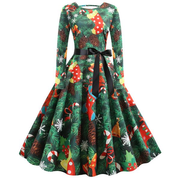 

christmas designer women dresses 3d printed autumn retro style big skirt long sleeved crew neck dresses womens party dresses, White;black