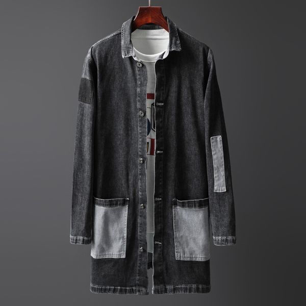 

cowboy new 2019 autumn casual long denim jacket trench coats men fashion elastic windbreaker patchwork pocket jeans jackets man, Tan;black