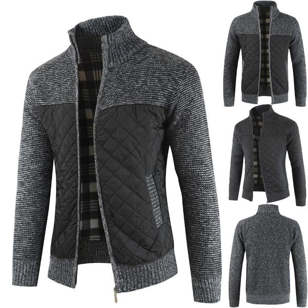 

autumn winter running jacket new men's velvet thick knit sweater colorblock cardigan knitted jackets cotton outwear for men, Black;red