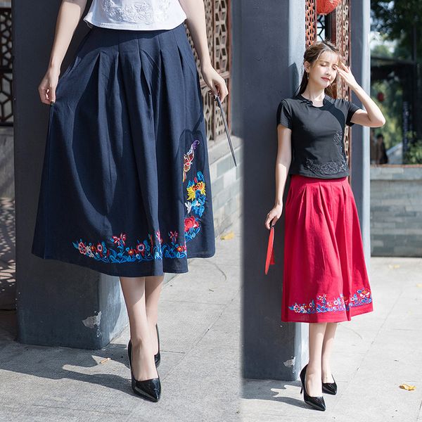 

oriental clothing ethnic style embroidered skirt women 2020 summer new cotton and linen elastic waist pleated midi skirt, Black