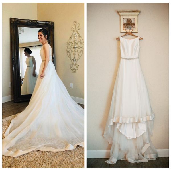 

элегантная атласная тюль белый простые свадебное платье a-line с кристаллами бисера талия повседневная пляж свадебные платья piping юбка сва, White