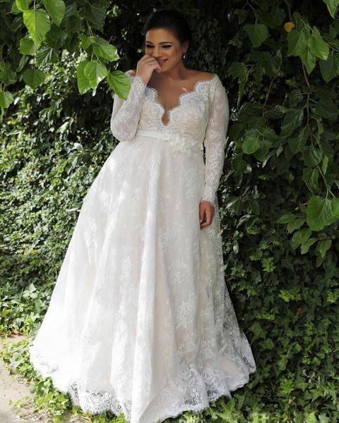 

fashion plus size wedding dresses sheer v neck long sleeves wedding dresses lace floor length garden bridal gowns dh391, White