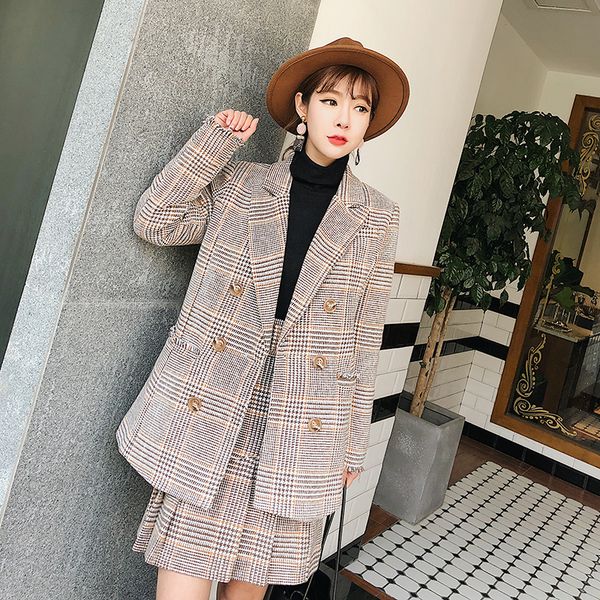 

2018 runway fashion double breasted plaid blazer long sleeve slim fit office ladies blazer autumn jacket women set coat+dress, Gray